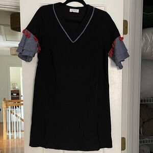 THML Black Dress with Gray and Red Ruffle Sleeves
